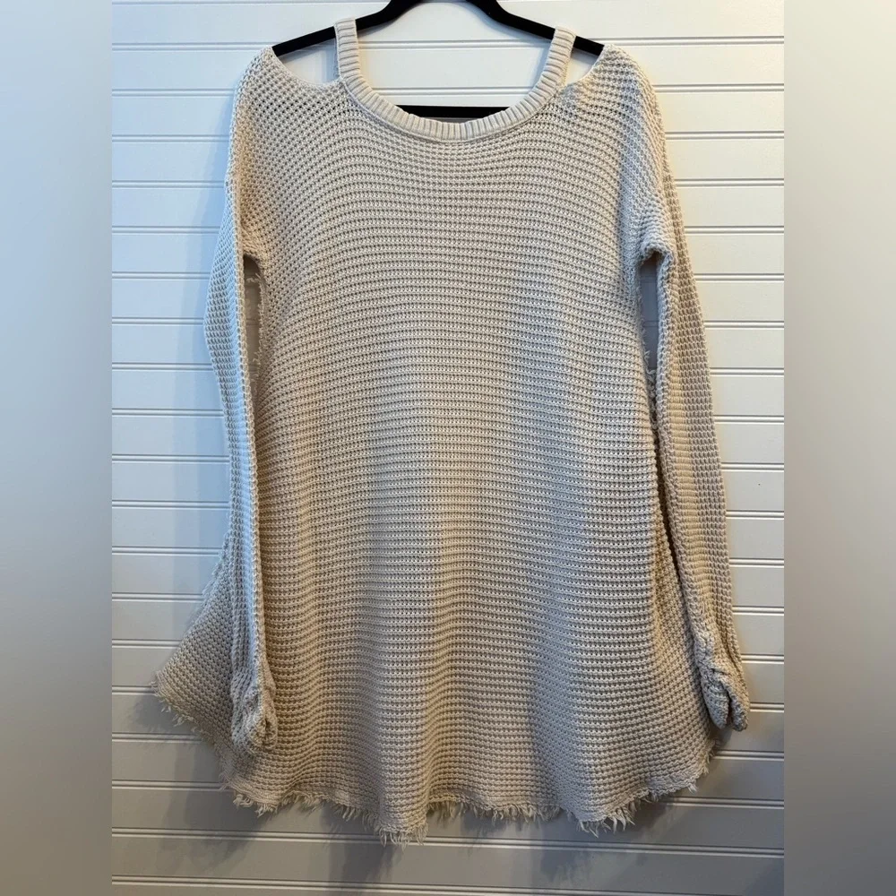 Free People Moonshine cold shoulder waffle weave knit vneck cream sweater Size S - Picture 4 of 9